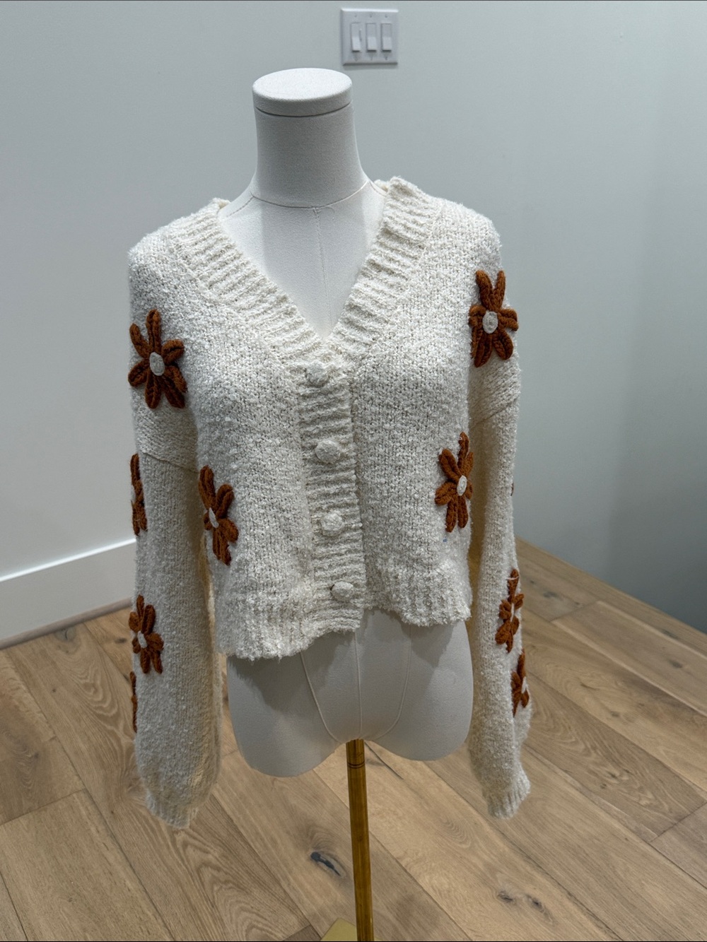 Altar'd State Cream V-Neck Button Cardigan with Brown Floral Appliqués